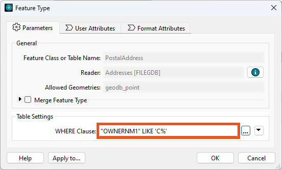 The WHERE clause in a reader feature type